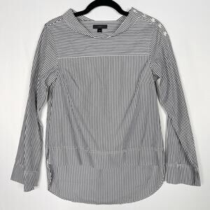 J Crew Womens 00 Gray White Funnel Neck Striped Blouse Button Shoulder High Low